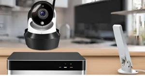 DIY home security system components including wireless cameras, sensors, and smartphone monitoring.