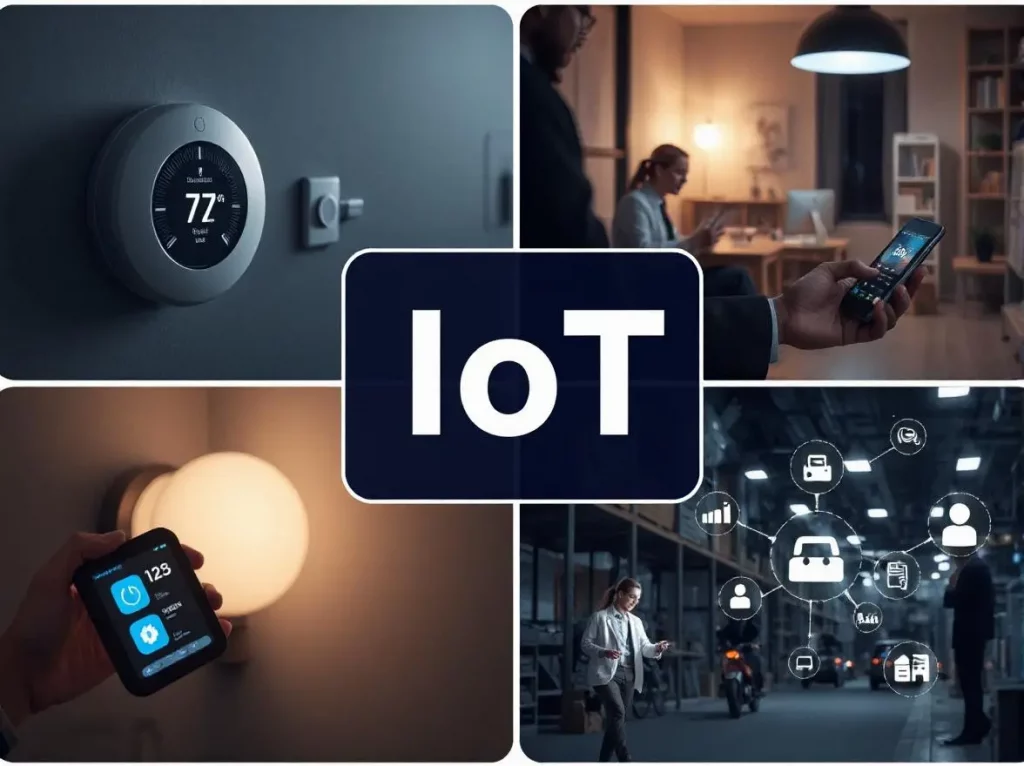 Collage depicting IoT applications: smart home devices, healthcare wearables, smart city traffic management, and industrial automation