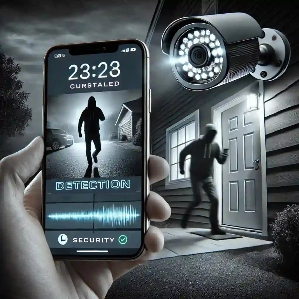 A security camera capturing movement at night, sending an alert to a homeowner’s smartphone while an intruder approaches the house