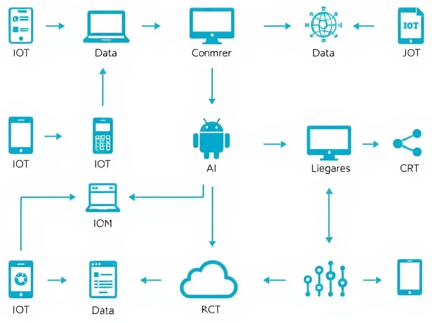 Flowchart illustrating IoT process: device collects data, transmits via network, and processes through AI-driven platform