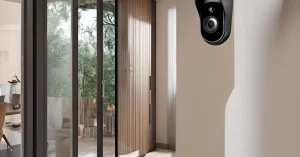 High-tech indoor security camera near a window, with motion detection through glass, showing real-time motion detection with subtle glowing effects.