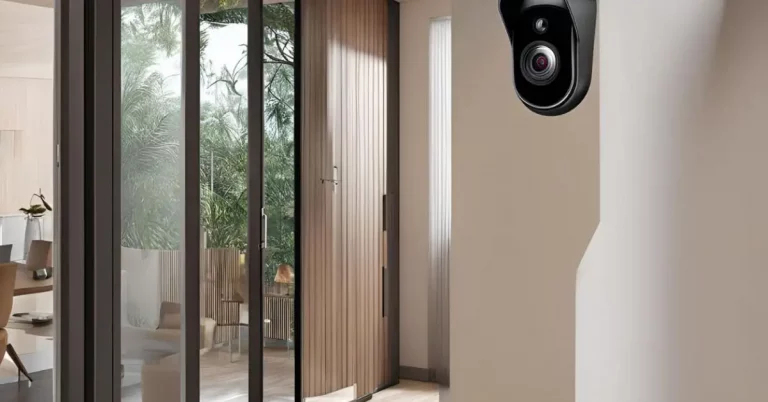 High-tech indoor security camera near a window, with motion detection through glass, showing real-time motion detection with subtle glowing effects.