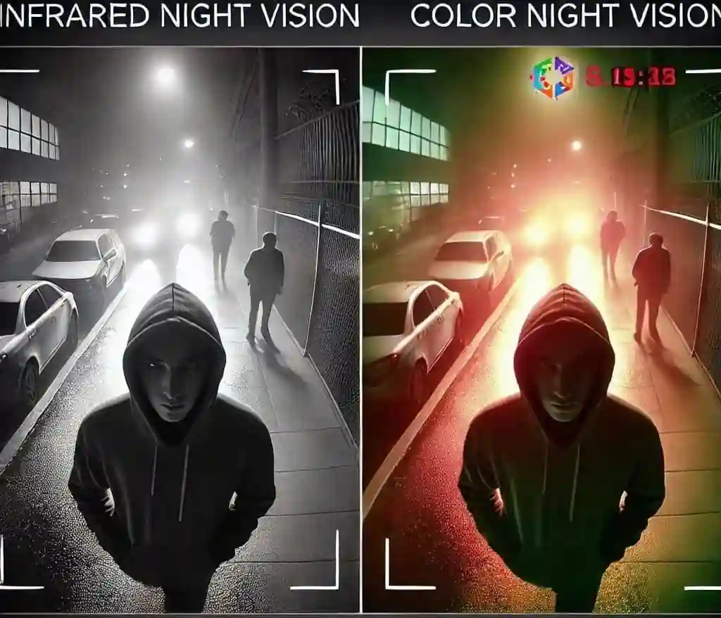 A side-by-side comparison of infrared (black & white) night vision and full-color night vision from a security camera, showing different levels of visibility at night