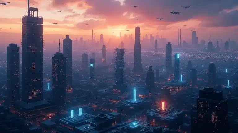 Illustration of a buildings that are connected with each other through various IoT devices, forming a digital nervous system.