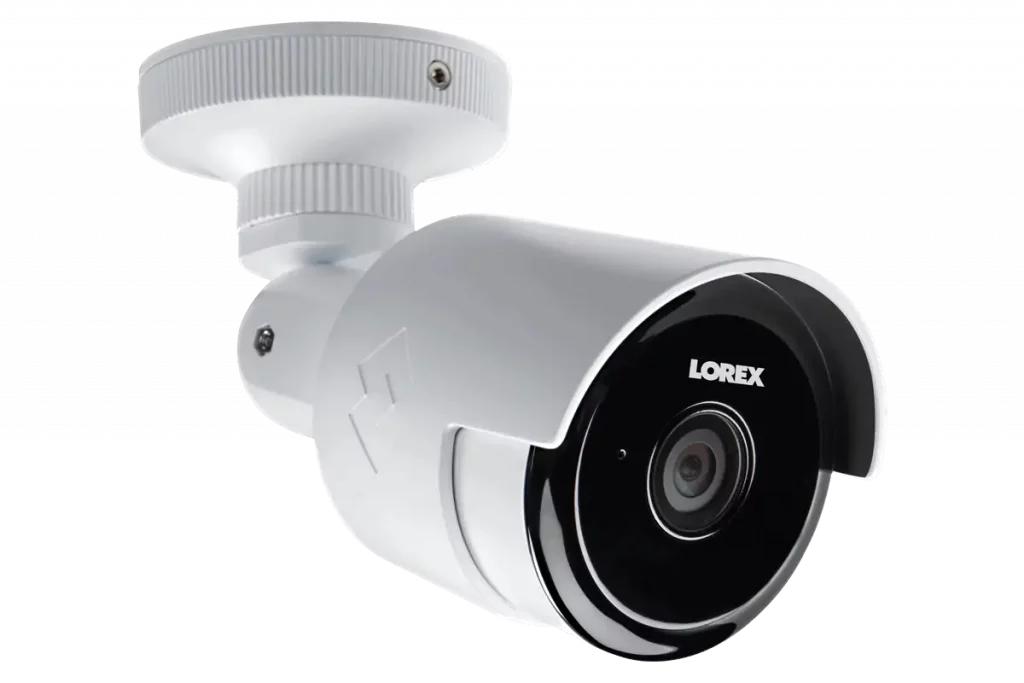 Lorex indoor security camera with motion detection that works through windows, offering up to 4K resolution and infrared night vision.