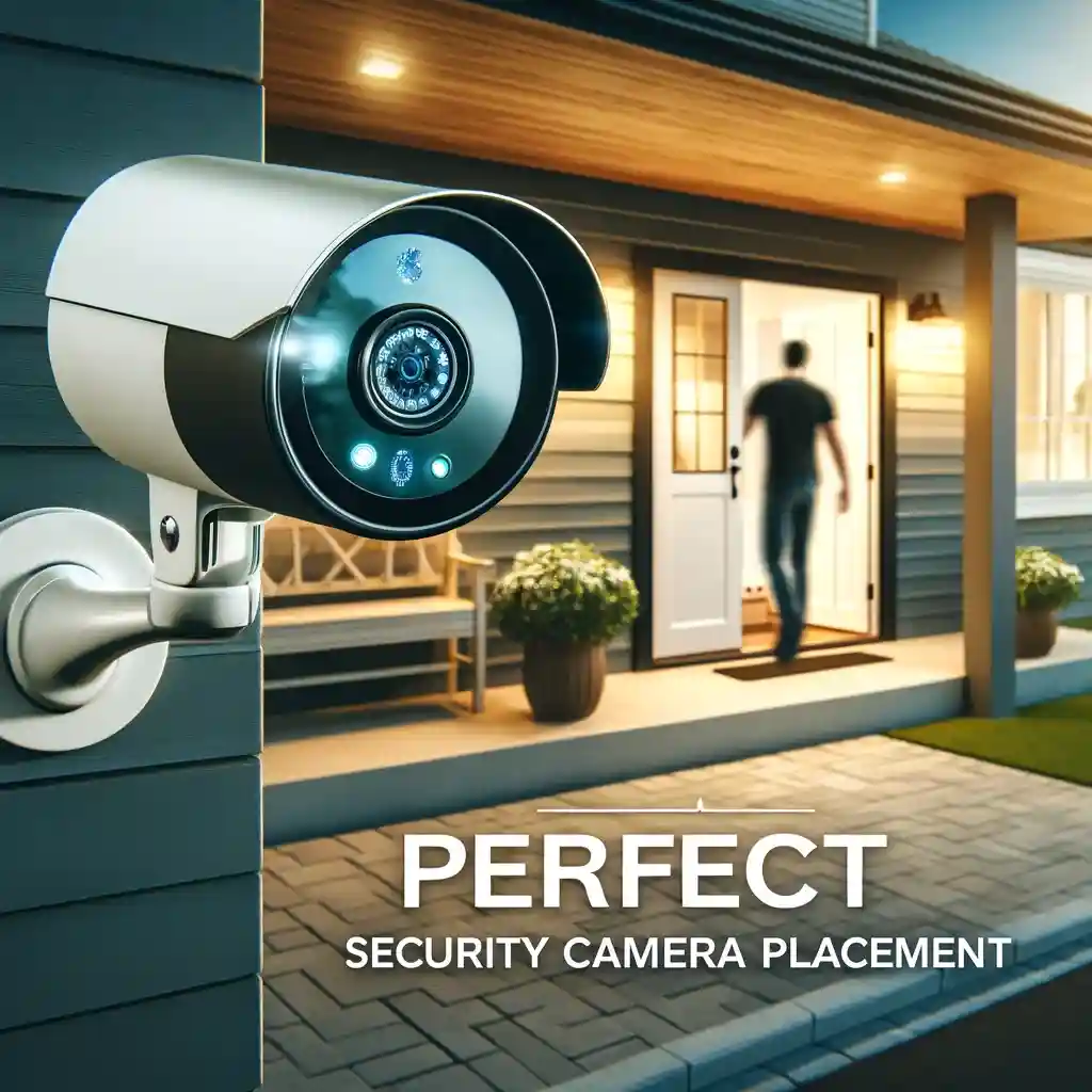 Modern home with a security camera at eye level, capturing a clear view of the entrance with a person approaching the door.
