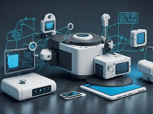 Infographic showing communication between IoT devices like smart thermostats and wearables via cloud computing and AI