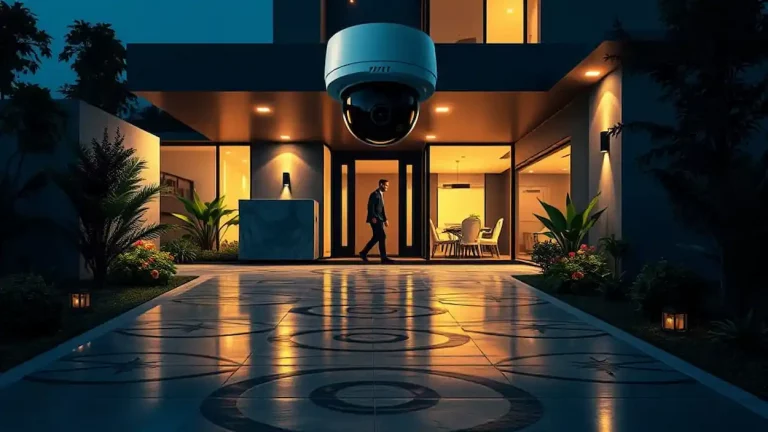 Modern home with a security camera at eye level, capturing a clear view of the entrance with a person approaching the door.