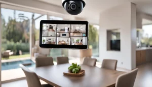 Modern home with advanced indoor and outdoor security cameras, featuring a smartphone displaying a live security feed for real-time monitoring.
