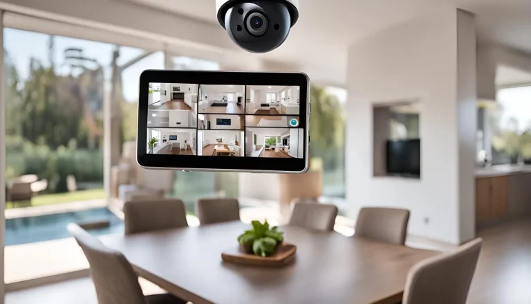 Modern home with advanced indoor and outdoor security cameras, featuring a smartphone displaying a live security feed for real-time monitoring.