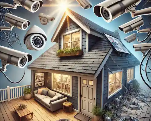 Security camera mounted too high, facing direct sunlight, and inside a bedroom, demonstrating poor placement and security vulnerabilities.