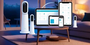 A modern home with a smart security camera system, featuring indoor and outdoor surveillance for enhanced home protection