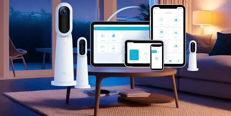 A modern home with a smart security camera system, featuring indoor and outdoor surveillance for enhanced home protection
