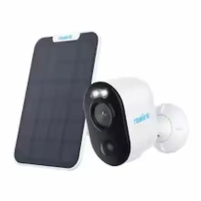 Reolink Argus 3 Pro solar-powered security camera mounted outdoors with a solar panel.