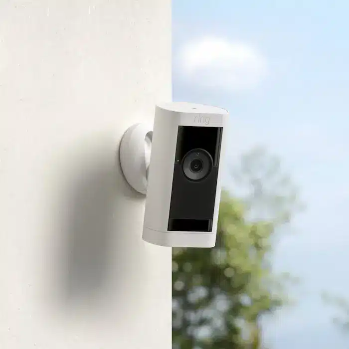 Ring Stick Up Cam Pro with 3D motion detection and battery/wired options.