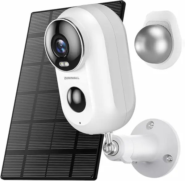 Zumimall solar-powered security camera mounted on an outdoor wall with a solar panel.